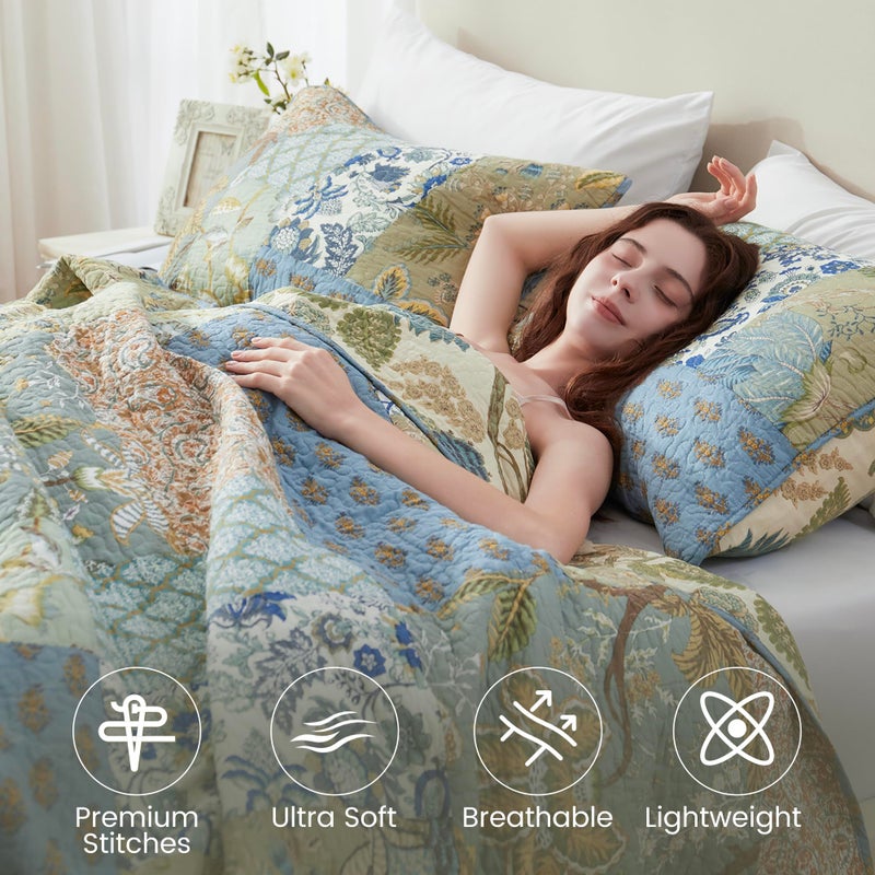 NEWLAKE Quilt Set Queen Size, 100% Cotton Patchwork Green Bohemian Quilt Sets, Reversible Bedspread Lightweight and Breathable for All Seasons, Soft Quilted Bedspread with 2 Pillow Shams - Image 2